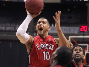 Windsor's Kevin Loiselle drives to the basket in the first quarter of the central conference finals between the Windsor Express and the visiting Brampton A's at the WFCU Centre, Sunday, April 12, 2015.  (DAX MELMER/The Windsor Star)