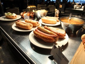 Several hot dogs are seen as some of the new menu items that will be ready for the Detroit Tigers opening day are preview during a press event at Comerica Park on Thursday, April 2, 2015. Tigers will open the season at home on Monday and there will be several new items for fans to sample. (TYLER BROWNBRIDGE/The Windsor Star)