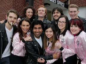 Windsor Light staged Grease for the first time in its history. Getting ready are performers Jakob Skrzypa, left, Jacqueline LeMesurier, Brian Khan as Danny, Arielle Desamito as Sandy, Amber Thibert and Renee Morel. In the back row are: Dana Cavers, Luke Wilson, Frank Piazza and Dave Fader on April 23, 2015.  (NICK BRANCACCIO/The Windsor Star)