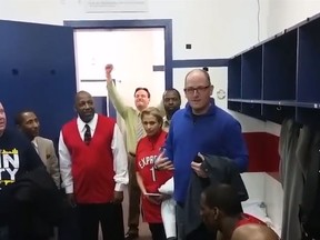 Windsor Mayor Drew Dilkens talks to Express players following Game 4 of the NBL of Canada final on Friday, April 24, 2015 in Halifax.