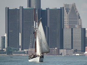 A sail boat cruises along the Detroit River on Wednesday, April 29, 2015. (DAN JANISSE/The Windsor Star)