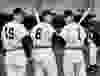 An omen – Three Detroit Tigers line up for batting practice today before the opening game with the Cleveland Indians. The numbers on their backs combine to show 1961, the year they hope to take the pennant. The players are, left to right, Jim Donohue, Al Kaline and Steve Boros pictured on April 11, 1961. (Star Staff Photo)