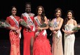 Top five contestants of the 2015 Miss Universe Canada Western Ontario Regional Pageant from left to right, Cassandra Hilborn, Willma Gendb, Maddison Fysh, Joana Szeen and Catherine Valle pose for celebration photos Saturday, April 11, 2015, at Capitol Theatre. (RICK DAWES/The Windsor Star)