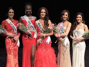 Top five contestants of the 2015 Miss Universe Canada Western Ontario Regional Pageant from left to right, Cassandra Hilborn, Willma Gendb, Maddison Fysh, Joana Szeen and Catherine Valle pose for celebration photos Saturday, April 11, 2015, at Capitol Theatre. (RICK DAWES/The Windsor Star)