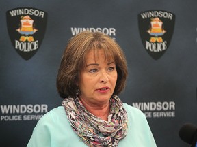 Patti Kelly, coordinator of the Windsor police Victim Assistance Unit, speaks at WPS headquarters on April 20, 2015. (Dan Janisse / The Windsor Star)