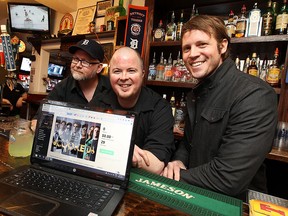 Cooked director Ian McLaughlin, left, creator Joel Boyce and producer Brent Bondy pose for a photo during the kickoff for the Cooked Kickstarter campaign at the Dominion House in Windsor on Wednesday, April 8, 2015. The creators of the show are hoping to raise $25,000. (TYLER BROWNBRIDGE / The Windsor Star)