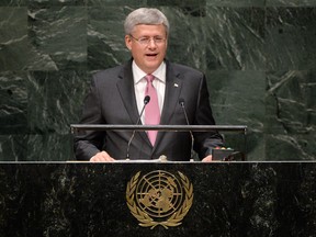 In this file photo, Prime Minister Stephen Harper addresses the 69th session of the United Nations General Assembly at the United Nations headquarters in New York on Thursday, September 25, 2014. THE CANADIAN PRESS/Sean Kilpatrick