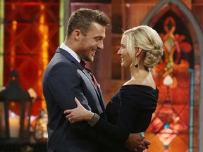 Chris Soules, left, and Whitney Bischoff during the finale of the reality dating competition series "The Bachelor," which aired on Monday, March 9, 2015. (AP Photo/ABC, Nicole Kohl)