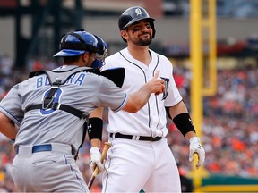 DETROIT, MI - MAY 09: Nick Castellanos #9 of the Detroit Tigers reacts after striking out in the fourth inning of the game against the Kansas City Royals on May 9, 2015 at Comerica Park in Detroit, Michigan. (Photo by Leon Halip/Getty Images)