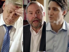 Stephen Harper, Left, Tom Mulcair, Justin Trudeau. (Postmedia News files)