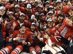 The Oshawa Generals celebrate their first OHL title in 18 years. (AARON BELL/OHL Images)