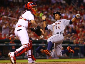 ST. LOUIS, MO - MAY 15: Anthony Gose #12 of the Detroit Tigers scores a run against the St. Louis Cardinals in the fifth inning at Busch Stadium on May 15, 2015 in St. Louis, Missouri.  (Photo by Dilip Vishwanat/Getty Images)