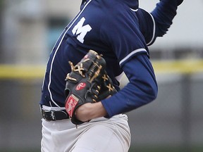 Massey's Dimitri Shinas delivers a pitch during a game Tuesday, May 19, 2015, against Riverside at the Soulliere Field in Windsor, ON.  (DAN JANISSE/The Windsor Star)