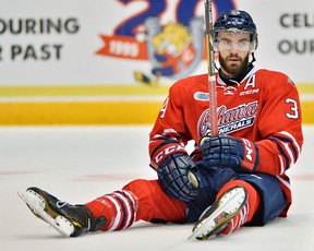 Windsor native D.J. Smith takes a break during OHL action. (AARON BELL/OHL Images)