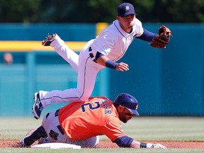 Jose Iglesias #1 of the Detroit Tigers turns the double play forcing our Jonathan Villar #2 of the Houston Astros during the first inning of the game on May 23, 2015 at Comerica Park in Detroit, Michigan. (Photo by Leon Halip/Getty Images)