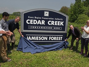 Ken Schmidt, left, ERCA past president, Yousef Hamdan, Richard Wyma, Conservation Foundation,  CEO Mark Hornick of Jamieson Laboratories, Lorraine Zittlau, Christie Farrah and Andy Holwell, right, unveil ERCA's Jamieson Forest designation at Cedar Creek during a brief ceremony on County Road 50 Tuesday May 26, 2015.  Jamieson is committed to reforest 121 acres in the Cedar Creek watershed. (NICK BRANCACCIO/The Windsor Star).