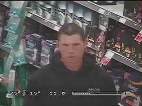 Surveillance footage of a suspect wanted in connection with the unsuccessful theft of groceries form the Zehr's on Tecumseh Road East on Saturday, April 25, 2015. (Courtesy of the Windsor Police Service)