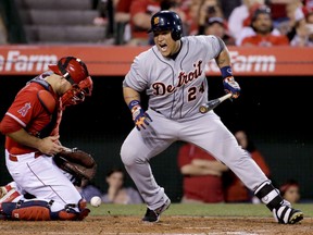 Detroit Tigers' Miguel Cabrera, right, reacts after getting hit by a pitch as Los Angeles Angels catcher Chris Iannetta reaches for the ball during the third inning of a baseball game in Anaheim, Calif., Thursday, May 28, 2015.  (AP Photo/Chris Carlson)