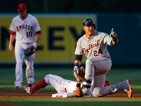 Miguel Cabrera #24 of the Detroit Tigers calls for a challenge to the call on second during the game against the Los Angeles Angels at Angel Stadium of Anaheim on May 30, 2015 in Anaheim, California.  (Photo by Joe Scarnici/Getty Images)