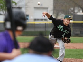 Belle River starting pitcher, Colin Steinwender, pitches to Assumption's Elishia Boow during WECSSA boys baseball action at Souilliere Field, Monday, May 4, 2015.  (DAX MELMER/The Windsor Star)