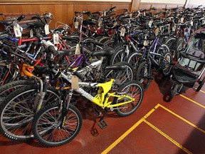 Bikes are set and ready for the annual Police auction at the Teutonia Club in Windsor on Friday, May 8, 2015. The auction will feature over 100 bikes, tools and even an E-bike for the first time. Viewing starts at 8 a.m. and the auction starts at 9:30 sharp. (TYLER BROWNBRIDGE/The Windsor Star)