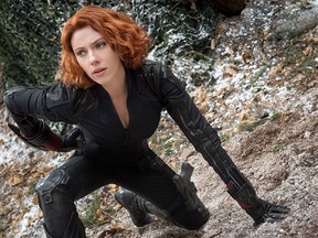 This photo provided by Disney/Marvel shows, Scarlett Johansson as Black Widow/Natasha Romanoff, in the film, "Avengers: Age Of Ultron." The movie released in the U.S. on May 1, 2015. (Jay Maidment/Disney/Marvel via AP)
