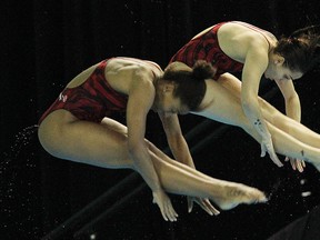 Canada's Jennifer Abel and Pamela Ware compete in the women's 3m synchro springboard event at the Fina Diving World Series at the Windsor International Aquatic and Training Centre in Windsor on Friday, May 22, 2015. (TYLER BROWNBRIDGE/The Windsor Star)