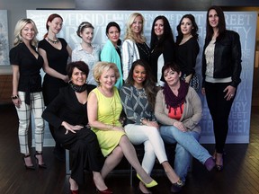 The Charity Chix : Jodie Paterson, back row left, Briar Jansons, Carly Erber, Christine Romualdi, Snez Koutras, Wendy Foresto, Vanessa Vargas, and Effie Papa.  Lynn Pike,  front row left, Kim Spirou, Jessaline Fynbo, and Lori Balkwill during a meeting at the City Grill on April 28, 2015. (JASON KRYK/The Windsor Star)