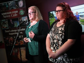 Courtney Quinn-Lafond and Jessica Tetreault (right) speak during a press conference to promote the upcoming Ride Don't Hide cycling event at the Windsor Star News Cafe in Windsor on Thursday, May 7, 2015. The ride will take place Sunday, June 21st.                  (TYLER BROWNBRIDGE/The Windsor Star)