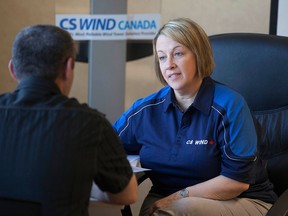 Human resources manager, Donna Kinsman, interviews job applicant, Saeed Sakoo during a job fair at CS Wind, Saturday, May 30, 2015.  (DAX MELMER/The Windsor Star)
