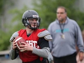 Essex Ravens starting quarterback Anthony Bontorin looks down field during a team workout on May 20, 2015. (JASON KRYK/The Windsor Star)