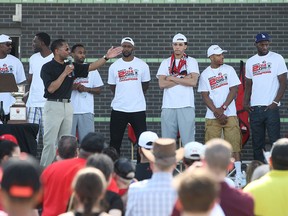 Windsor Express CEO, Dartis Willis, gives a speech to fans during a celebration for the Windsor Express' consecutive NBL Championship at the Riverfront Festival Plaza, Sunday, May 3, 2015.  (DAX MELMER/The Windsor Star)