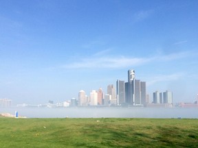 The Detroit skyline emerges from a wall of fog that blanketed Windsor and Essex County for much of Thursday morning. (Twitpic: DYLAN KRISTY/The Windsor Star)