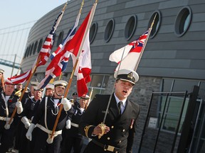 Members of the H.M.C.S Hunter participate in the Battle of the Atlantic Parade at the commemoration and dedication service for the new building of the H.M.C.S Hunter in Olde Sandwich town, Sunday, May 3, 2015.  (DAX MELMER/The Windsor Star)