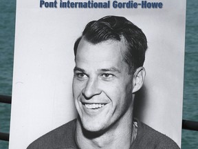 A photo of Gordie Howe is shown during a media conference in Windsor, ON. on Thursday, May 14, 2015, announcing the naming of the Gordie Howe International Bridge. (DAN JANISSE/The Windsor Star)