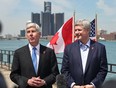 Michigan Governor Rick Snyder, left, and Prime Minister Stephen Harper announce that the Detroit River International Crossing will be named the Gordie Howe International Bridge, on the waterfront, in Windsor, ON., Thursday May 14, 2015.  (DAN JANISSE/The Windsor Star)