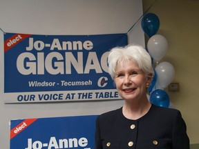 Jo-Anne Gignac is all smiles at the Windsor-Tecumseh Conservative nomination meeting  on May 12, 2015.  (JASON KRYK/The Windsor Star)