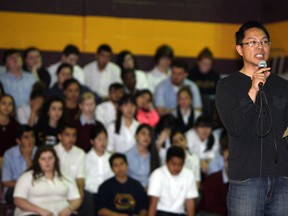 Than Campbell speaks to students at Catholic Central in Windsor on Wednesday, May 6, 2015. Campbell was part of Operation Babylift for Vietnam when he was a two year old.                 (TYLER BROWNBRIDGE/The Windsor Star)