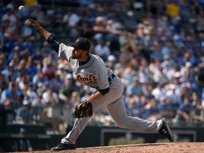 Joakim Soria #38 of the Detroit Tigers throws in the ninth inning against the Kansas City Royals on May 3, 2015 at Kauffman Stadium in Kansas City, Missouri. (Photo by Ed Zurga/Getty Images)