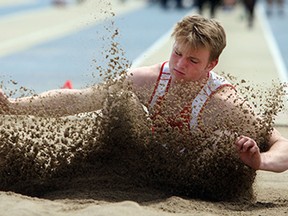 Sebastian Smith competes at the SWOSSAA track meet at Alumni Field in Windsor on Thursday, May 21, 2015.              (TYLER BROWNBRIDGE/The Windsor Star)