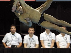 The United States Troy Dumais and Sam Dorman compete in the men's 3m synchro springboard event at the Fina Diving World Series at the Windsor International Aquatic and Training Centre in Windsor on Friday, May 22, 2015. (TYLER BROWNBRIDGE/The Windsor Star)