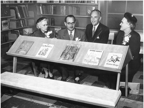 In this archival photo, eighth of its kind in Windsor, the new $75,000 Seminole Branch Library at Bernard and Seminole, was officially opened to the public on Oct. 28, 1953. Shown above as they try out a moder-type bench in the children's department, are Miss Anne Hume, left, Windsor's chief librarian;  Mr. Maxwell Schott, chairman of the Windsor Public Library Board; Mr. Angus Mowat, guest speaker, and Mrs. Gordon Kerr, chairman of the branch library planning committee. (Windsor Star files)
