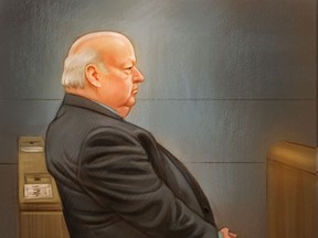 Suspended Sen. Mike Duffy attends his trial in Ottawa, Thursday, June 4, 2015 in this artist's sketch. (THE CANADIAN PRESS/Greg Banning)