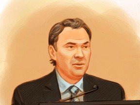 Mark Grenon testifies at suspended Senator Mike Duffy's trial in Ottawa, Tuesday, June 16, 2015 in this artist's sketch. THE CANADIAN PRESS/Greg Banning