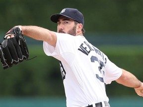 Justin Verlander #35 of the Detroit Tigers warms up prior to the start of the game against the Cleveland Indians on June 13, 2015 at Comerica Park in Detroit, Michigan. (Photo by Leon Halip/Getty Images)
