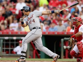 Miguel Cabrera #24 of the Detroit Tigers hits a pitch during the game against the Cincinnati Reds at Great American Ball Park on June 17, 2015 in Cincinnati, Ohio.  (Photo by Andy Lyons/Getty Images)
