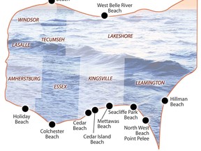 A map showing beaches in Windsor and Essex County. (Handout: Health Unit)