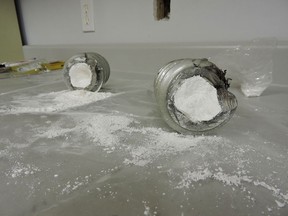 Cocaine concealed in a metal auger found in Leamington, Ont. is pictured in this handout photo. (Courtesy of Windsor RCMP)