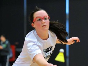 Kestrel McNeill returns a shot during badminton action. (Courtesy of Grant Chudyk)