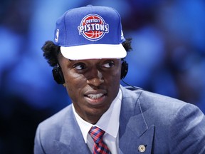 Stanley Johnson answers questions during an interview after being selected eighth overall by the Pistons during the NBA basketball draft, Thursday, June 25, 2015, in New York. (AP Photo/Kathy Willens)